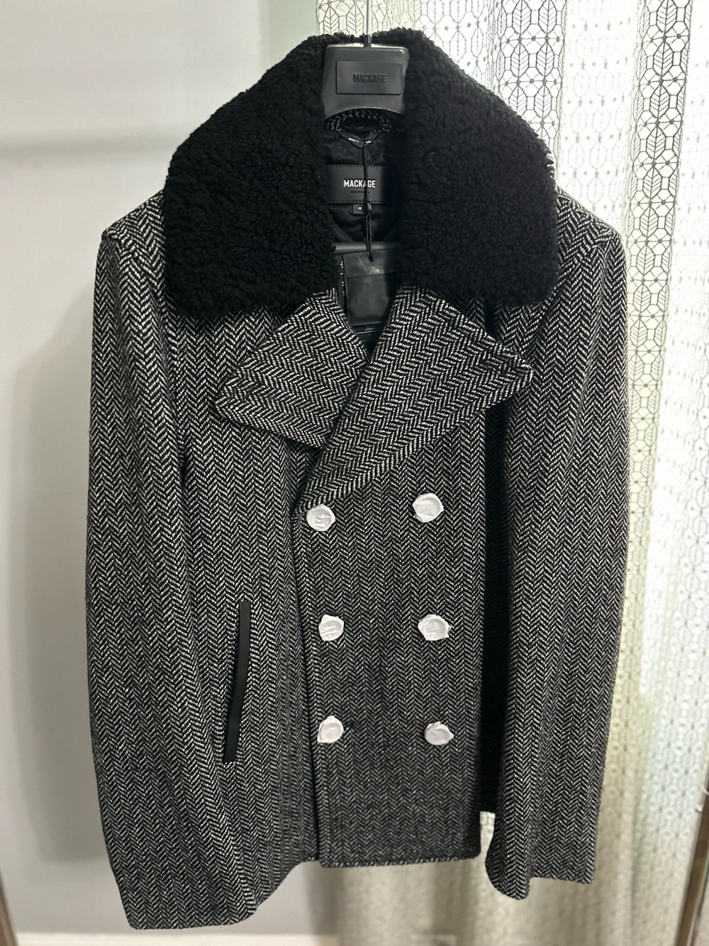Mackage COLE Wool Double-Breasted Jacket with Shearling Collar in Black-White